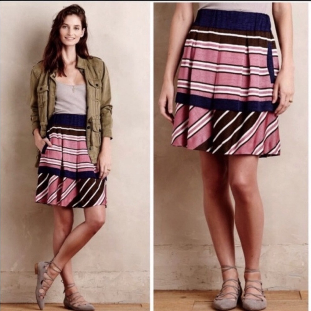 Anthropologie Maeve Pink and Brown Striped A-Line Skirt